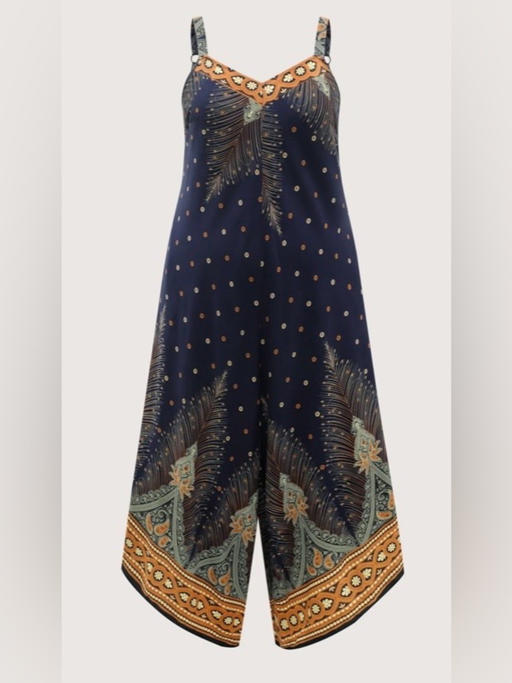 BloomChic Peacock feathers Navy Printed Wide-Leg Jumpsuit with Gold Trim